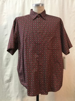 CLAIBORNE, Maroon Red, Brown, Charcoal Gray, Black, Cotton, Novelty Pattern, Maroon, Brown/ Charcoal/ Black Novelty Print, Button Front, Collar Attached, Short Sleeves, 1 Pocket,