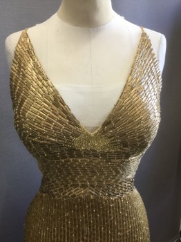 Womens, Cocktail Dress, SCALA, Gold, Silk, Stripes, W:28, B:34, H:37, Gold, Silk with Gold Tube Beating Throughout in Stripes, V-neck with Built in Cups, Spaghetti Straps, Bra Strap in Back, Cut Out Plunging Low Back