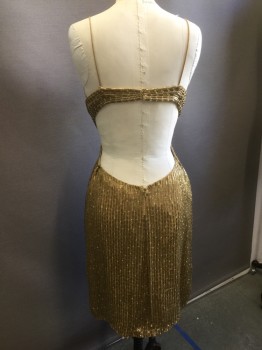 Womens, Cocktail Dress, SCALA, Gold, Silk, Stripes, W:28, B:34, H:37, Gold, Silk with Gold Tube Beating Throughout in Stripes, V-neck with Built in Cups, Spaghetti Straps, Bra Strap in Back, Cut Out Plunging Low Back