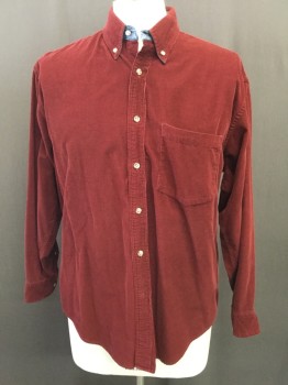 Mens, Casual Shirt, NORSPORT, Brick Red, Denim Blue, Cotton, Solid, M, Corduroy, Button Front, Collar Attached with Blue Denim, Long Sleeves,