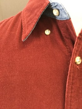 Mens, Casual Shirt, NORSPORT, Brick Red, Denim Blue, Cotton, Solid, M, Corduroy, Button Front, Collar Attached with Blue Denim, Long Sleeves,