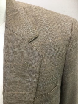 ANDRE VILLARD, Tan Brown, Brown, Orange, Lt Blue, Wool, Plaid - Tattersall, Single Breasted, 2 Buttons,  3 Pockets, Notched Lapel, Center Back Vent,