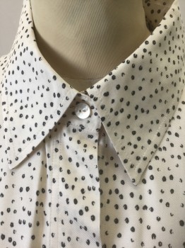 VINCE, Cream, Black, Silk, Rayon, Dots, Cream with Abstract Black Dots Pattern, Long Sleeve Button Front, Collar Attached