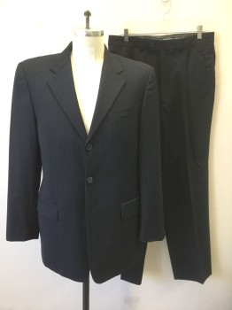 GIANFRANCO FERRE , Navy Blue, Lt Gray, Wool, Stripes - Pin, Dark Navy with Light Gray Pinstripes, Single Breasted, Notched Lapel, 3 Buttons, 3 Pockets