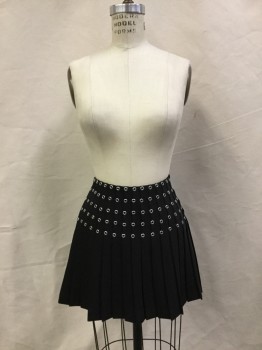 Womens, Skirt, Mini, H & M, Black, Polyester, Metallic/Metal, Solid, 6, Knife Pleated with Silver Grommets at Yoke Line, Zipper at Side Seam