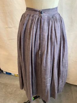 Womens, Historical Fiction Skirt, MTO, Plum Purple, Brown, Blue, Linen, Cotton, Heathered, Stripes - Vertical , W:26, Gathered with 1.5" Waistband with 2 Large Purple Button Back,  3/4 Length