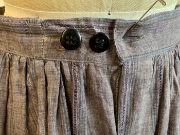 Womens, Historical Fiction Skirt, MTO, Plum Purple, Brown, Blue, Linen, Cotton, Heathered, Stripes - Vertical , W:26, Gathered with 1.5" Waistband with 2 Large Purple Button Back,  3/4 Length