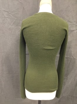 N/L, Dk Olive Grn, Wool, Solid, Thin Sweater, Long Sleeves, Ribbed Knit Crew Neck