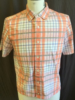 TOMMY BAHAMA -RELAX, Off White, Salmon Pink, Slate Blue, Lt Brown, Blue, Cotton, Plaid, Plaid-  Windowpane, Collar Attached, Button Front, Short Sleeves,