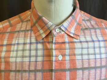 TOMMY BAHAMA -RELAX, Off White, Salmon Pink, Slate Blue, Lt Brown, Blue, Cotton, Plaid, Plaid-  Windowpane, Collar Attached, Button Front, Short Sleeves,