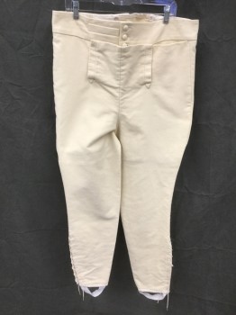Mens, Historical Fiction Pants, M.B.A. LTD., Cream, Cotton, Solid, W:37, Military Uniform, Brushed Cotton, Fall Front, Ankle Length, Lace Up Side Seam Calf, Open Vent with *Missing* Lace Ties at Center Back Waist, 1 Pocket, 1 Watch Pocket, Suspender Buttons, Stirrups, ,  Made To Order Reproduction Late 1700's Early 1800's