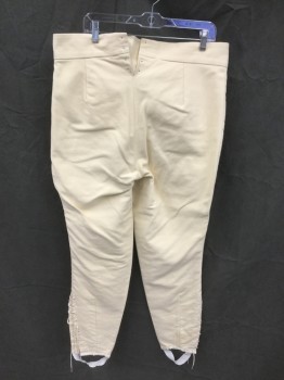 Mens, Historical Fiction Pants, M.B.A. LTD., Cream, Cotton, Solid, W:37, Military Uniform, Brushed Cotton, Fall Front, Ankle Length, Lace Up Side Seam Calf, Open Vent with *Missing* Lace Ties at Center Back Waist, 1 Pocket, 1 Watch Pocket, Suspender Buttons, Stirrups, ,  Made To Order Reproduction Late 1700's Early 1800's