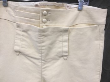M.B.A. LTD., Cream, Cotton, Solid, Military Uniform, Brushed Cotton, Fall Front, Ankle Length, Lace Up Side Seam Calf, Open Vent with *Missing* Lace Ties at Center Back Waist, 1 Pocket, 1 Watch Pocket, Suspender Buttons, Stirrups, ,  Made To Order Reproduction Late 1700's Early 1800's
