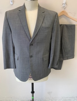 CHAPS, Gray, White, Polyester, Wool, 2 Color Weave, Single Breasted, Notched Lapel, 2 Buttons, 3 Pockets