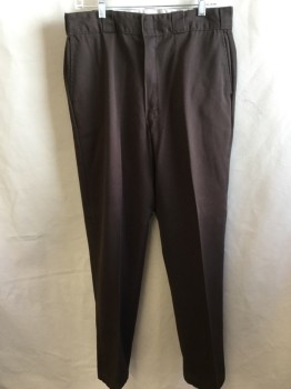 DICKIES, Dk Brown, Polyester, Cotton, Solid, 2" Waistband with Belt Hoops, Flat Front, Zip Front, 4 Pockets
