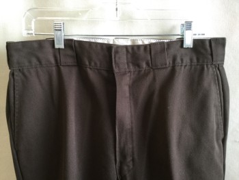 Mens, Casual Pants, DICKIES, Dk Brown, Polyester, Cotton, Solid, 34/34, 2" Waistband with Belt Hoops, Flat Front, Zip Front, 4 Pockets