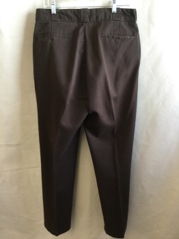 DICKIES, Dk Brown, Polyester, Cotton, Solid, 2" Waistband with Belt Hoops, Flat Front, Zip Front, 4 Pockets