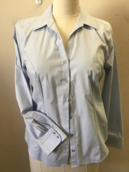 CALVIN KLEIN, Baby Blue, Cotton, Solid, V-neck with Collar Attached, Small Silver Button Front, Long Sleeves, Curved Hem