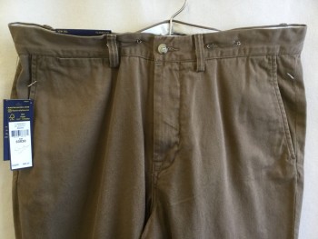 POLO, Dk Khaki Brn, Cotton, Solid, 1.5" Waistband, Flat Front, Zip Front, 4 Pockets