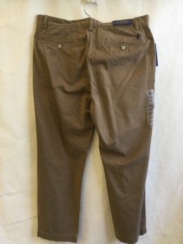 Mens, Casual Pants, POLO, Dk Khaki Brn, Cotton, Solid, 34/29, 1.5" Waistband, Flat Front, Zip Front, 4 Pockets