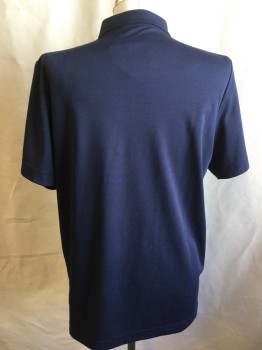 SAKS FITH AVENUE, Navy Blue, Cotton, Solid, Collar Attached, 3 Button Front, Short Sleeves, Side Split Hem