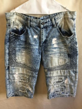 Mens, Shorts, M. SOCIETY, Blue, Cotton, Mottled, 34, Blue Denim Jean, Stone Washed, Wrinkle Creased Lines/horizontal Pleat, Repair Holes Panels and White Splashed Paint Front and Back