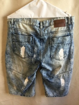 Mens, Shorts, M. SOCIETY, Blue, Cotton, Mottled, 34, Blue Denim Jean, Stone Washed, Wrinkle Creased Lines/horizontal Pleat, Repair Holes Panels and White Splashed Paint Front and Back