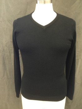 Mens, Pullover Sweater, M&S, Black, Acrylic, Solid, S, V-neck, Long Sleeves, V-neck, Ribbed Knit Neck/Waistband/Cuff