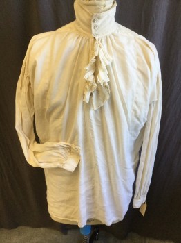 M.B.A. LTD., Lt Beige, Linen, Cotton, Solid, Gathered Collar Attached, Key Hole Front with Self Ruffle with 3 Buttons, Gathered Upper Long Sleeves & at Cuffs, (light Brown Stained on Collar)