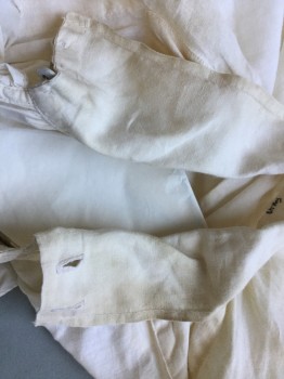M.B.A. LTD., Lt Beige, Linen, Cotton, Solid, Gathered Collar Attached, Key Hole Front with Self Ruffle with 3 Buttons, Gathered Upper Long Sleeves & at Cuffs, (light Brown Stained on Collar)