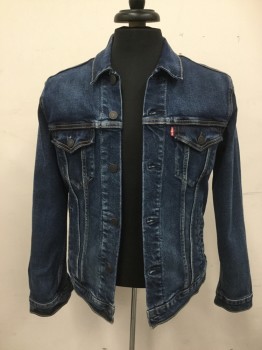 Mens, Jean Jacket, LEVI'S, Dk Blue, Cotton, Elastane, Solid, M, Button Front, Collar Attached, Long Sleeves, 4 Pockets, Button Tabs Back Waist