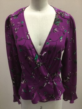 TANYA TAYLOR, Magenta Purple, Gray, Black, White, Mauve Pink, Silk, Floral, Magenta with Floral Print, Cross Over Bust, Button at Waist, Long Sleeves, Ruffle Cuff, Peplum