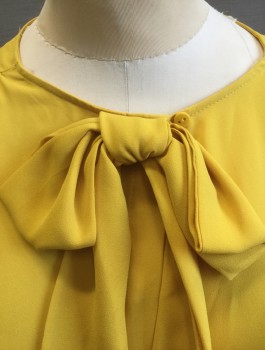 ZARA, Yellow, Polyester, Solid, Chiffon, Long Sleeve Button Front, Round Neck with 3D Self Bow Detail, Gathered at Shoulder Seams
