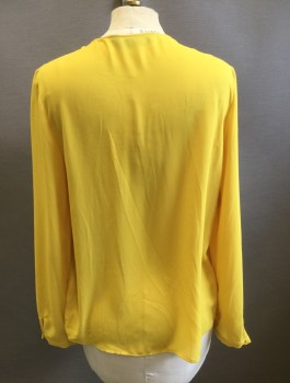ZARA, Yellow, Polyester, Solid, Chiffon, Long Sleeve Button Front, Round Neck with 3D Self Bow Detail, Gathered at Shoulder Seams