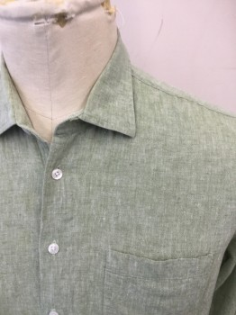 LINEA ROSSA, Lt Green, Linen, Cotton, Heathered, Button Front, Collar Attached, Long Sleeves, 1 Pocket