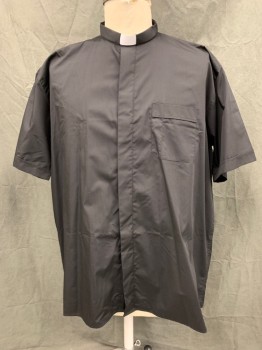 Unisex, Shirt, RELIANT, Black, White, Poly/Cotton, Solid, 19, Button Front with Hidden Placket, Short Sleeves, Collar Attached Tacked Down, White Plastic Collar Insert, 1 Pocket, Priest, Clergy