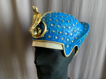 MTO, Teal Blue, Gold, Plastic, L200FOAM, Molded with Circle Pattern, Gold Metal Studs Inside Circles,  Gold Cobra Front and Center, Gold Trim, Taupe Fabric Trim *Some Missing Gold Studs*