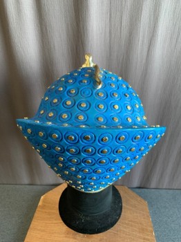 Unisex, Historical Fiction Headpiece, MTO, Teal Blue, Gold, Plastic, L200FOAM, Molded with Circle Pattern, Gold Metal Studs Inside Circles,  Gold Cobra Front and Center, Gold Trim, Taupe Fabric Trim *Some Missing Gold Studs*