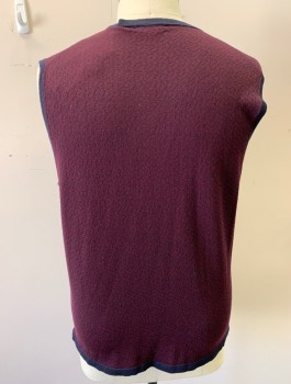 SAKS FIFTH AVE, Red Burgundy, Navy Blue, Wool, 2 Color Weave, Geometric, Squares Pattern Knit, Pullover, V-neck