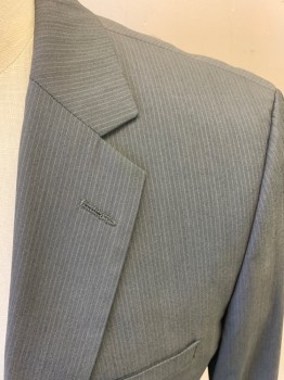 HUGO BOSS, Dk Gray, Lt Gray, Wool, Synthetic, Solid, Stripes - Pin, Suit Jacket, 2 Buttons, 3 Pockets, Notched Lapel, Double Vent, TIe Connecting Vents, Front Darts