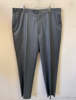 VITARELLI, Gray, Polyester, Viscose, Solid, Flat Front, Button Tab, Straight Leg, Zip Fly, 4 Pockets, Belt Loops