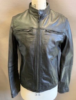 Mens, Leather Jacket, DANIER, Black, Leather, Solid, M, Zip Front, Stand Collar, 4 Zip Pockets, Reinforced Elbows, Zippers at Cuffs, Multiples