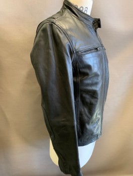 Mens, Leather Jacket, DANIER, Black, Leather, Solid, M, Zip Front, Stand Collar, 4 Zip Pockets, Reinforced Elbows, Zippers at Cuffs, Multiples