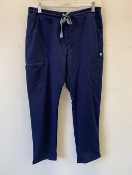 Unisex, Scrub, Pants Unisex, FIGS, Navy Blue, Polyester, Rayon, Solid, M, Elastic and Drawstring Waist with Gray Knit Drawstring, 8+ Pockets Including a Small Watch Pocket and Cargo Pockets at Hips