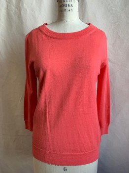 Womens, Pullover, J. CREW, Coral Pink, Wool, Solid, M, Ribbed Knit Scoop Neck, 3/4 Sleeve, Ribbed Knit Cuff/Waistband