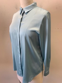H&M, Lt Blue, Polyester, Solid, Satin, L/S, Button Front, C.A.