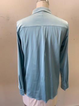 H&M, Lt Blue, Polyester, Solid, Satin, L/S, Button Front, C.A.