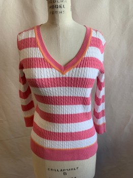 Womens, Pullover, JEANNIE PIERRE, Pink, White, Coral Orange, Cotton, Stripes, Cable Knit, S, Ribbed Knit V-neck/Cuff, 3/4 Sleeve