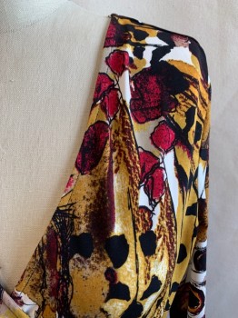 Womens, Top, CALVIN KLEIN, Mustard Yellow, Fuchsia Pink, Black, White, Synthetic, Floral, Abstract , XS, V-neck, Long Sleeves, Gathering at Left Side