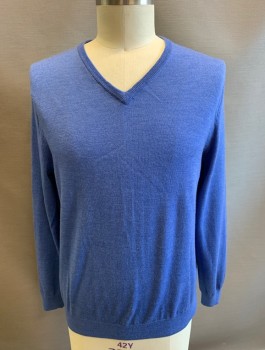 Mens, Pullover Sweater, J.CREW, Cornflower Blue, Wool, Solid, L, Knit, V-neck, Long Sleeves